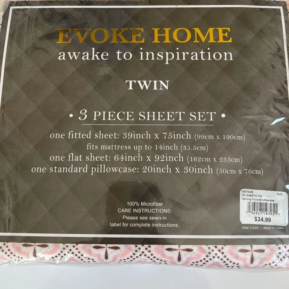 Evoke Home Awake To Inspiration Pink Twin 3 piece Size Sheet Set Microfiber GEO